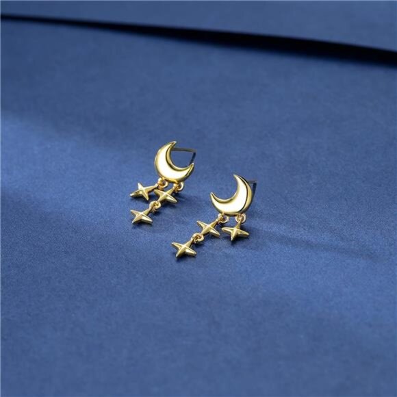 Star & Moon Stud Earrings – Rhodium/Gold Hypoallergenic - Picture 4 of 6